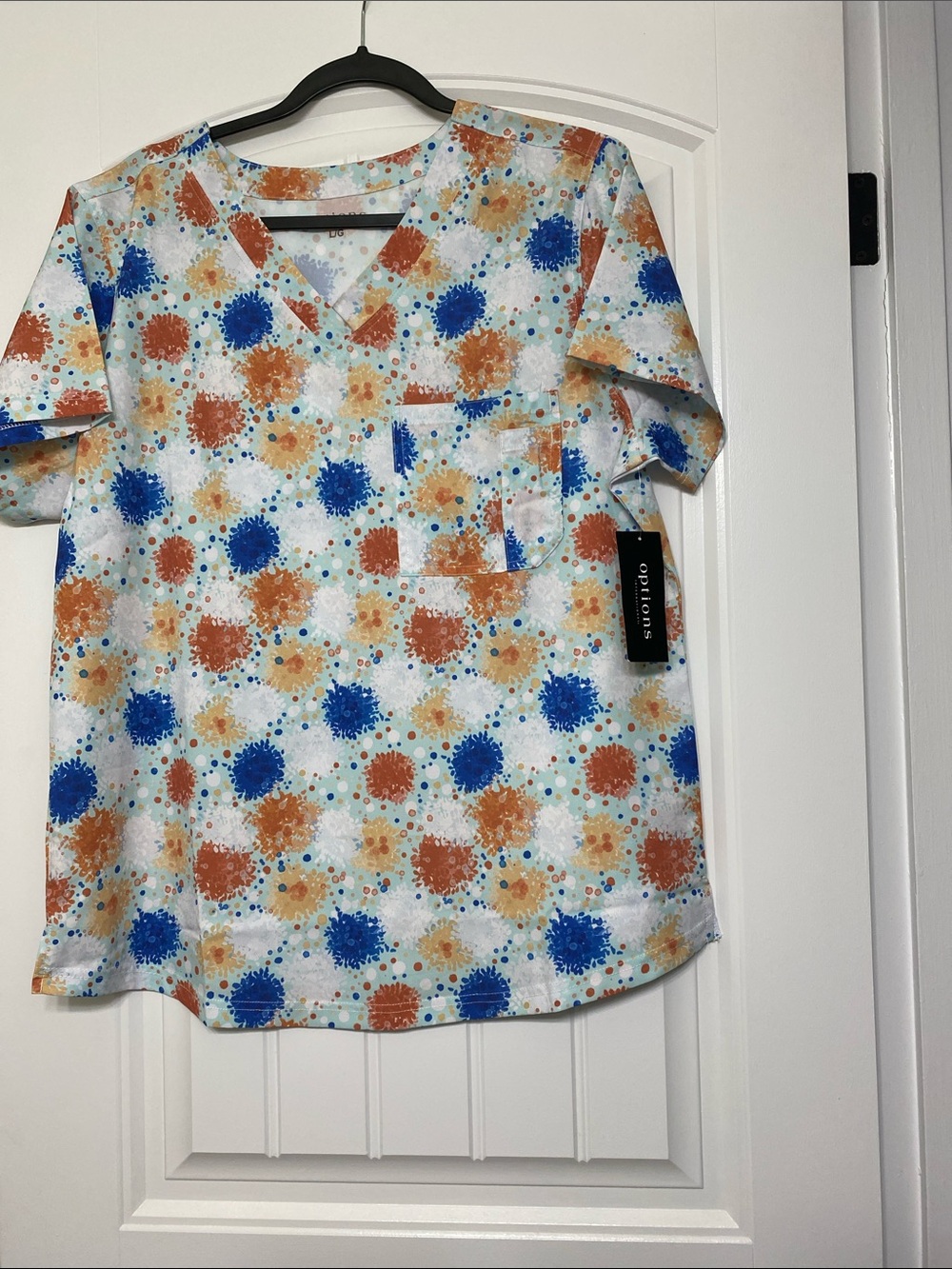 V-Neck Short Sleeve Top in Blue & Orange Splash Print